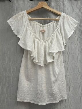 EUC Rebecca Taylor White Ruffle V-Neck Sleeveless Linen Jersey Knit Top